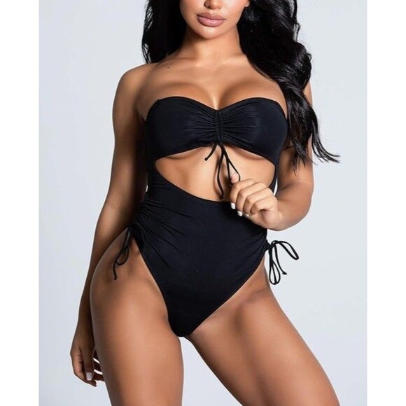 Hot Sexy V-Neck One Piece Swimsuit High Cut Out Thong Coastal Beach Sz XL Black - Picture 2 of 6